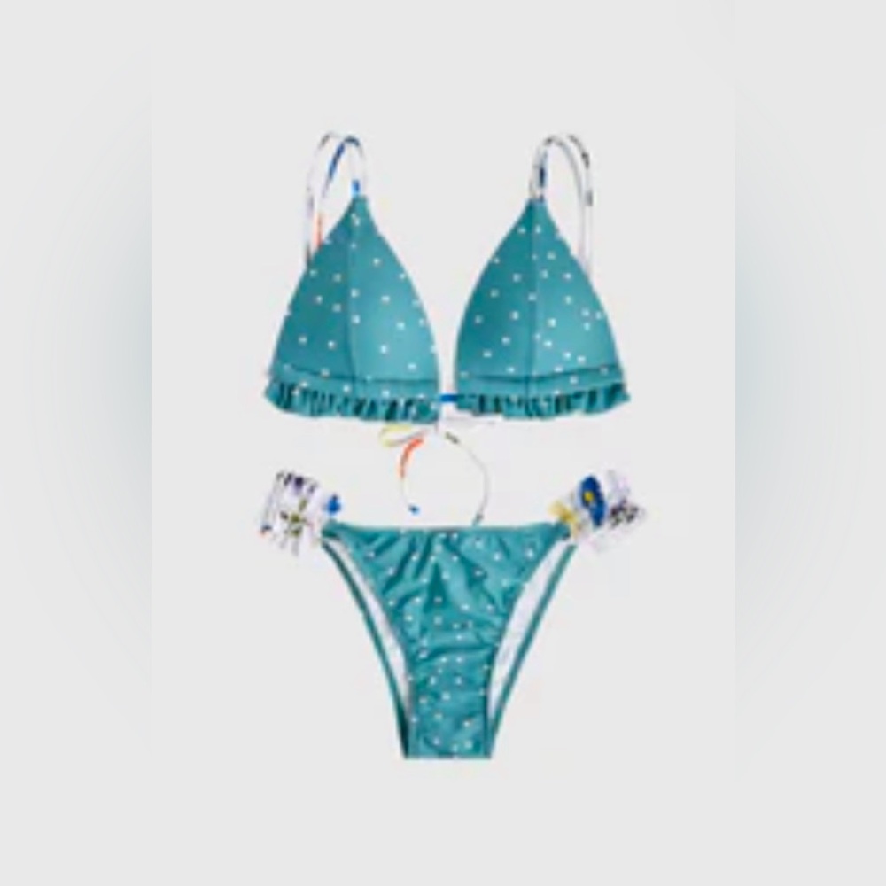 J.Ing Dark Sea Green Polka Dot Ruffled Bikini Set - Size M
